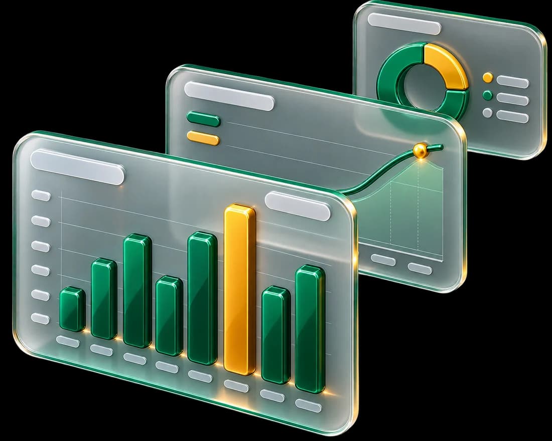 Floating dashboard panels showing a bar chart, a trend line and a donut chart