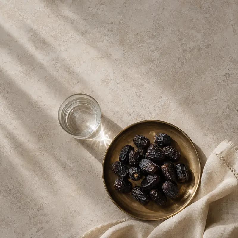Dates on a brass tray beside a glass of water, on warm limestone