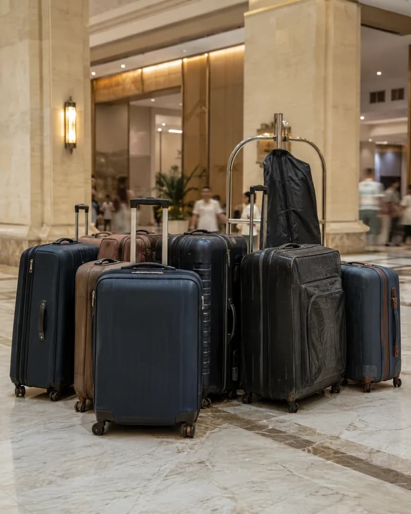 Luggage gathered in a hotel lobby as a pilgrim group arrives