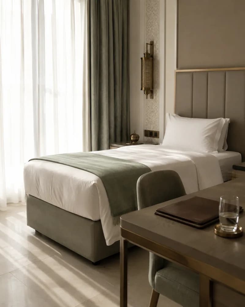 A quiet hotel room in Madinah in soft morning light