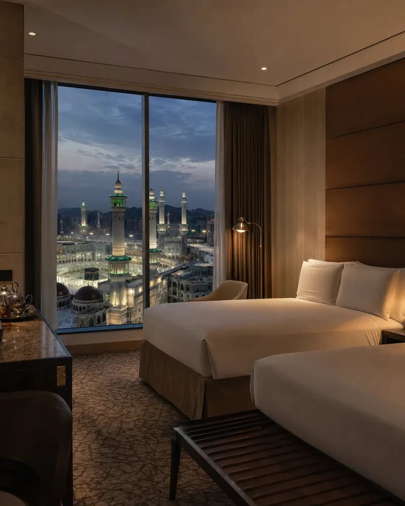 Hotel room in Makkah at dusk, the Haram visible through a full-height window